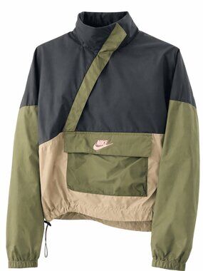Nike Anorak Windbreaker Women Large Olive Black Colorblock Jacket Pink Accents